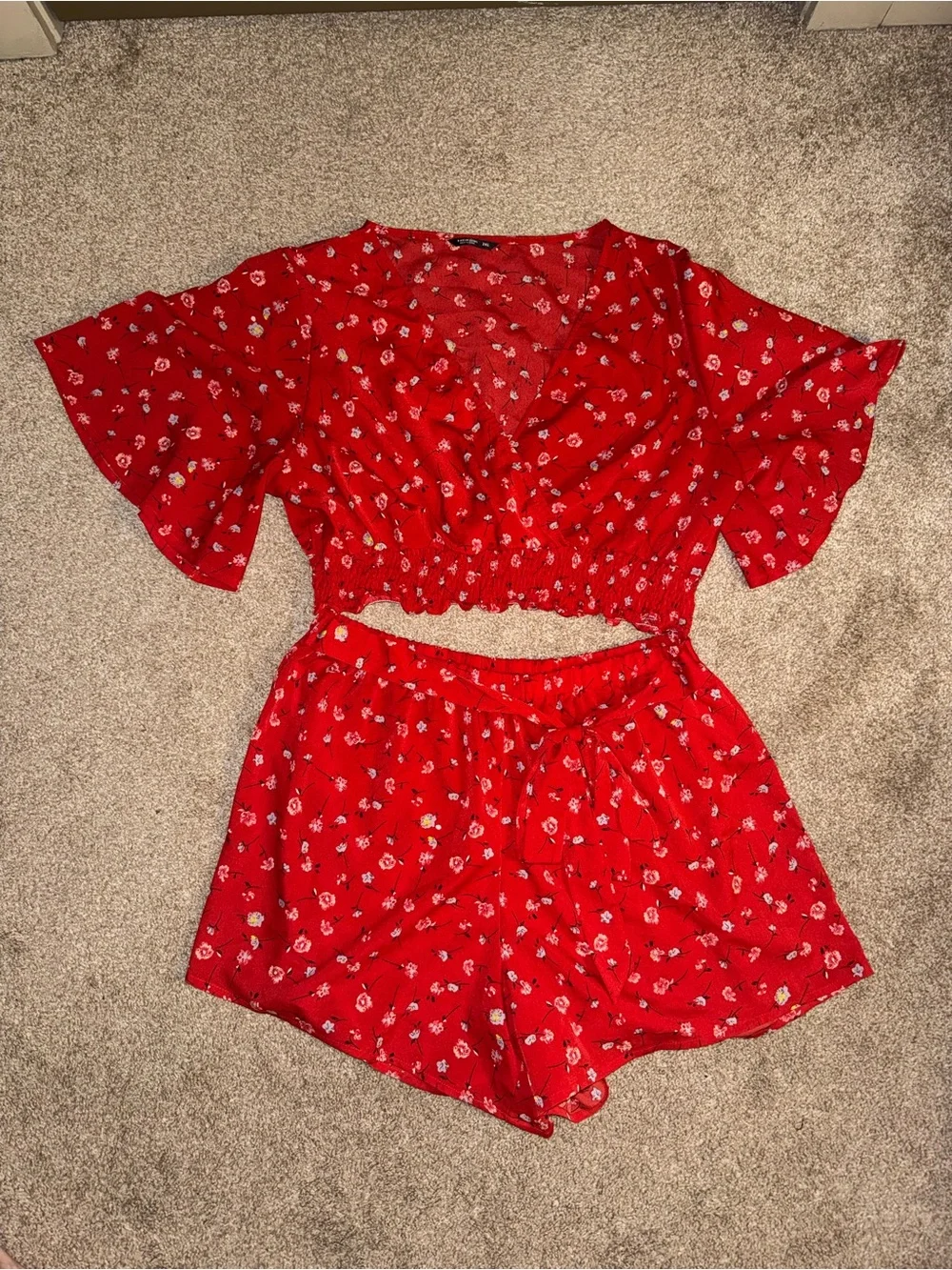 SHEIN Red Floral Crop Top & Shorts Set
